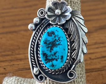 Vintage Navajo Sky blue Turquoise & Sterling Silver Foliate Ring, Size 6