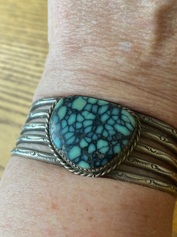 Vintage Variscite Navajo Statement Cuff, stamped … - image 1