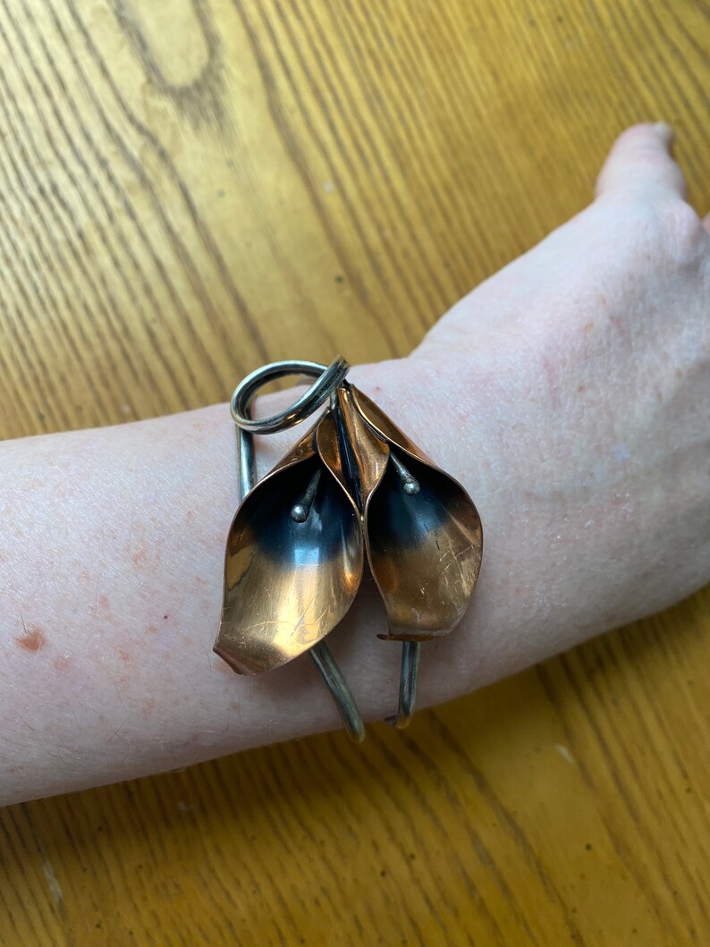 Vintage Copper /& Silver Blooming Blossoms Calla Lily Cuff Bracelet