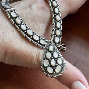 Intricate Navajo Sterling Silver Squash Blossom Foliate Necklace with Multiple Mother of Pearl Cabochons