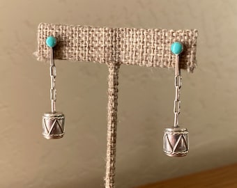 Vintage Zuni sterling silver and turquoise  dangling drum earrings