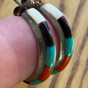 Vintage Zuni Sterling silver & Multi-stone Inlaid Hoop Earrings
