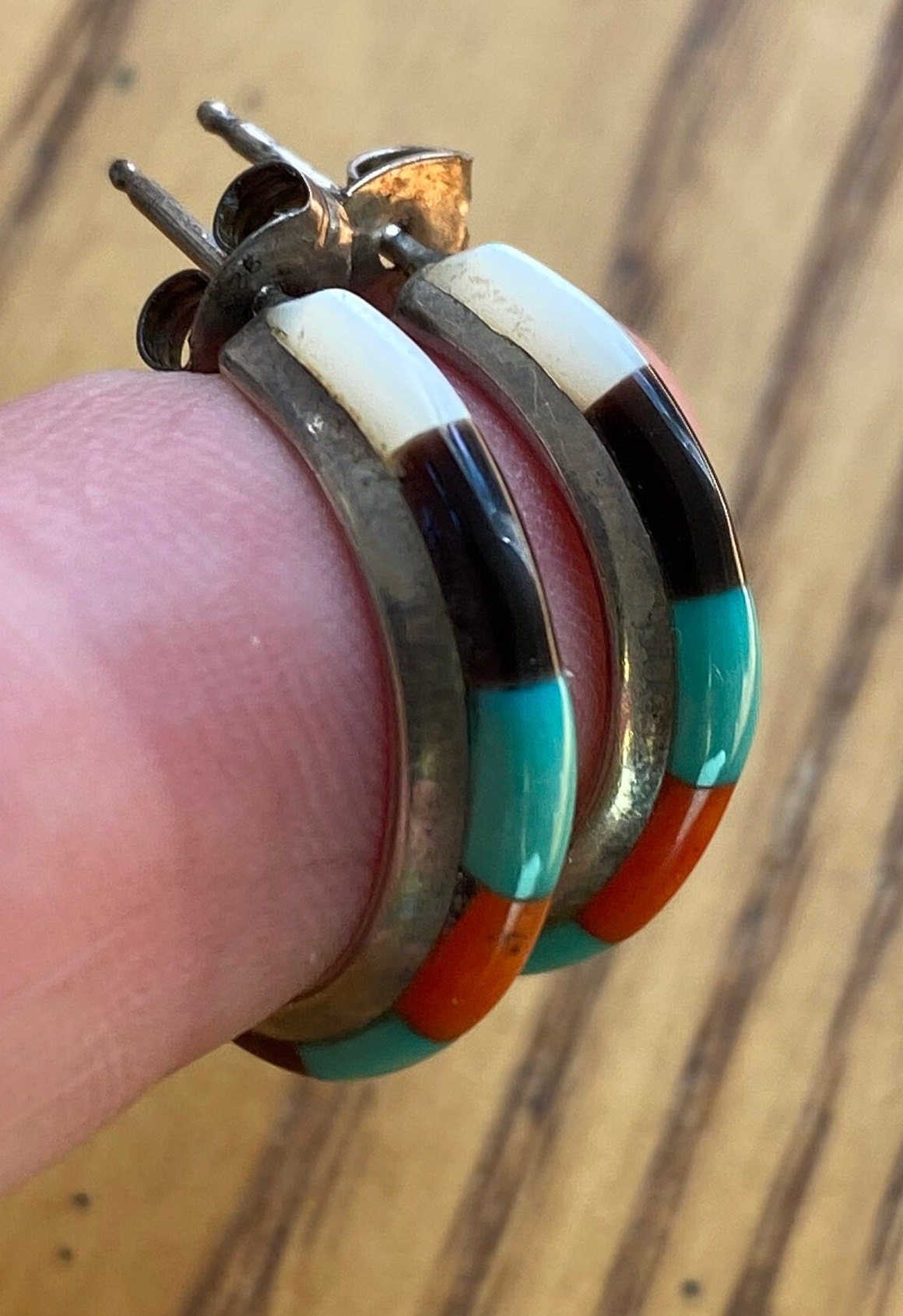 Vintage Zuni Sterling silver & Multi-stone Inlaid Hoop Earrings