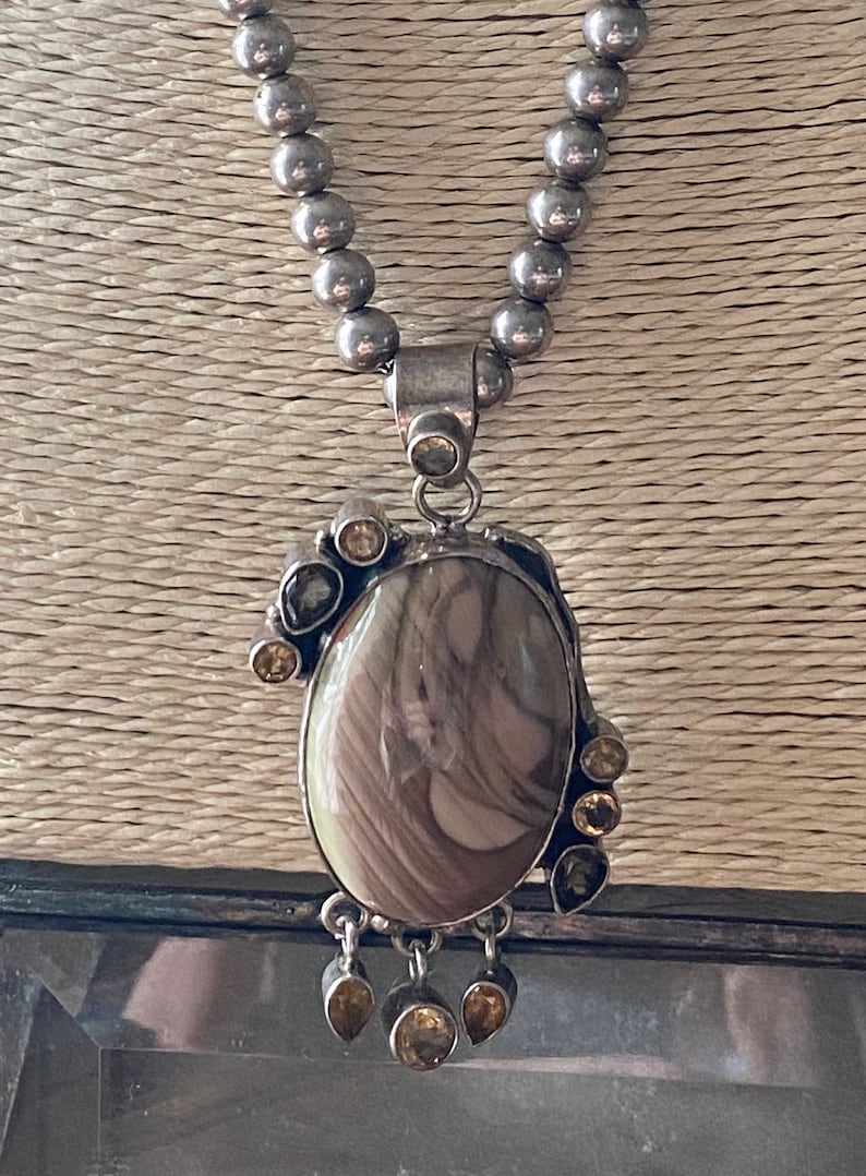 Topaz Citrine Picture Agate /& Sterling Silver Pendant on Sterling Silver Beads Smoky Quartz