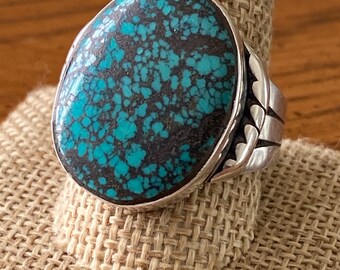 Vintage Spiderweb Turquoise and Sterling Silver Men's Ring, Navajo, Size 12