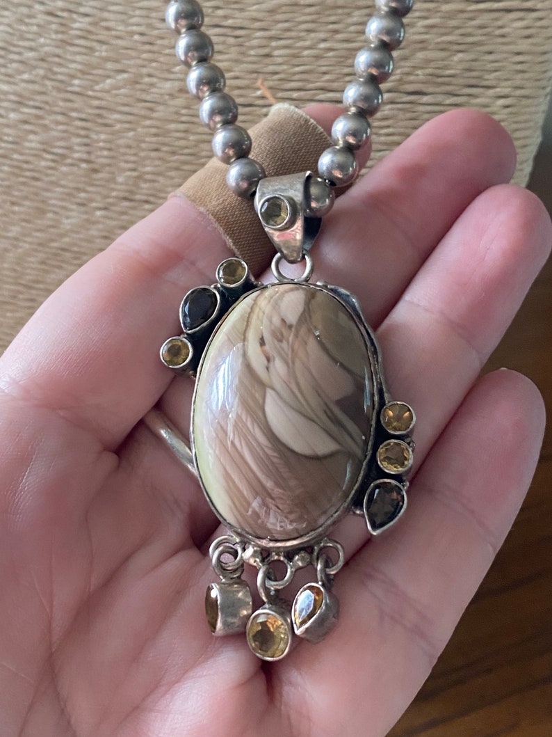 Topaz Citrine Picture Agate /& Sterling Silver Pendant on Sterling Silver Beads Smoky Quartz