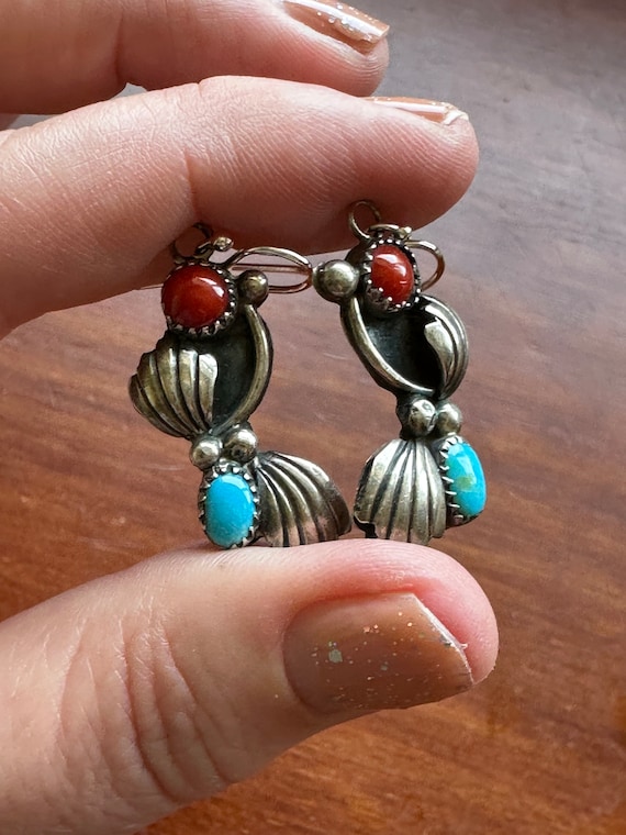 Vintage Turquoise and Coral Navajo Foliate Dangle 