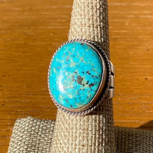 Anillo vintage de plata de ley navajo y turquesa azul verdosa jaspeada, talla 6,75