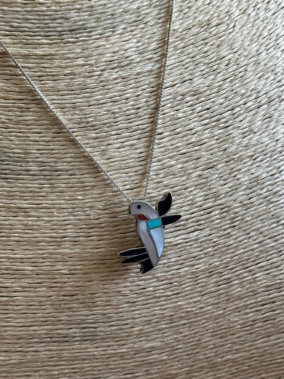 Vintage Zuni Hummingbird Pin/Pendant with Turquoi… - image 5
