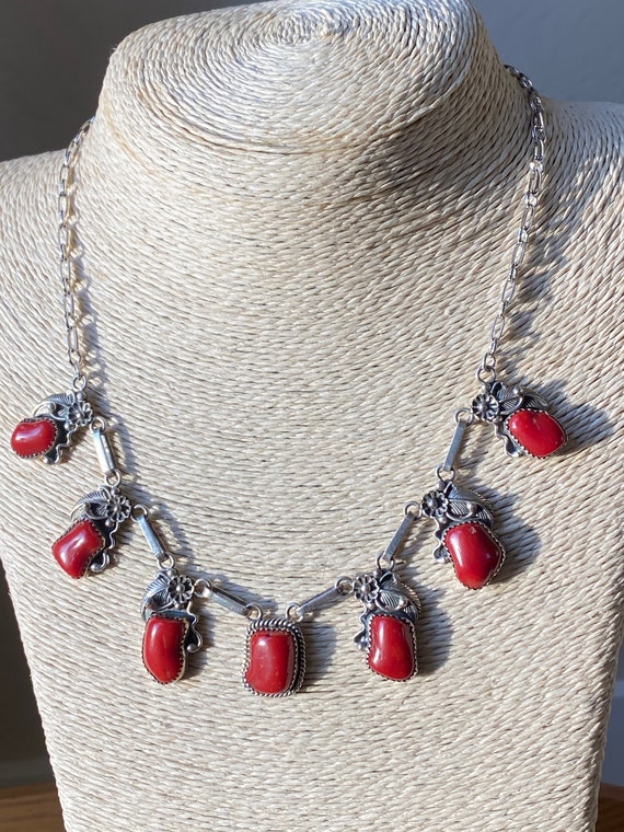 Vintage Navajo Coral Sterling Silver Squash Blosso