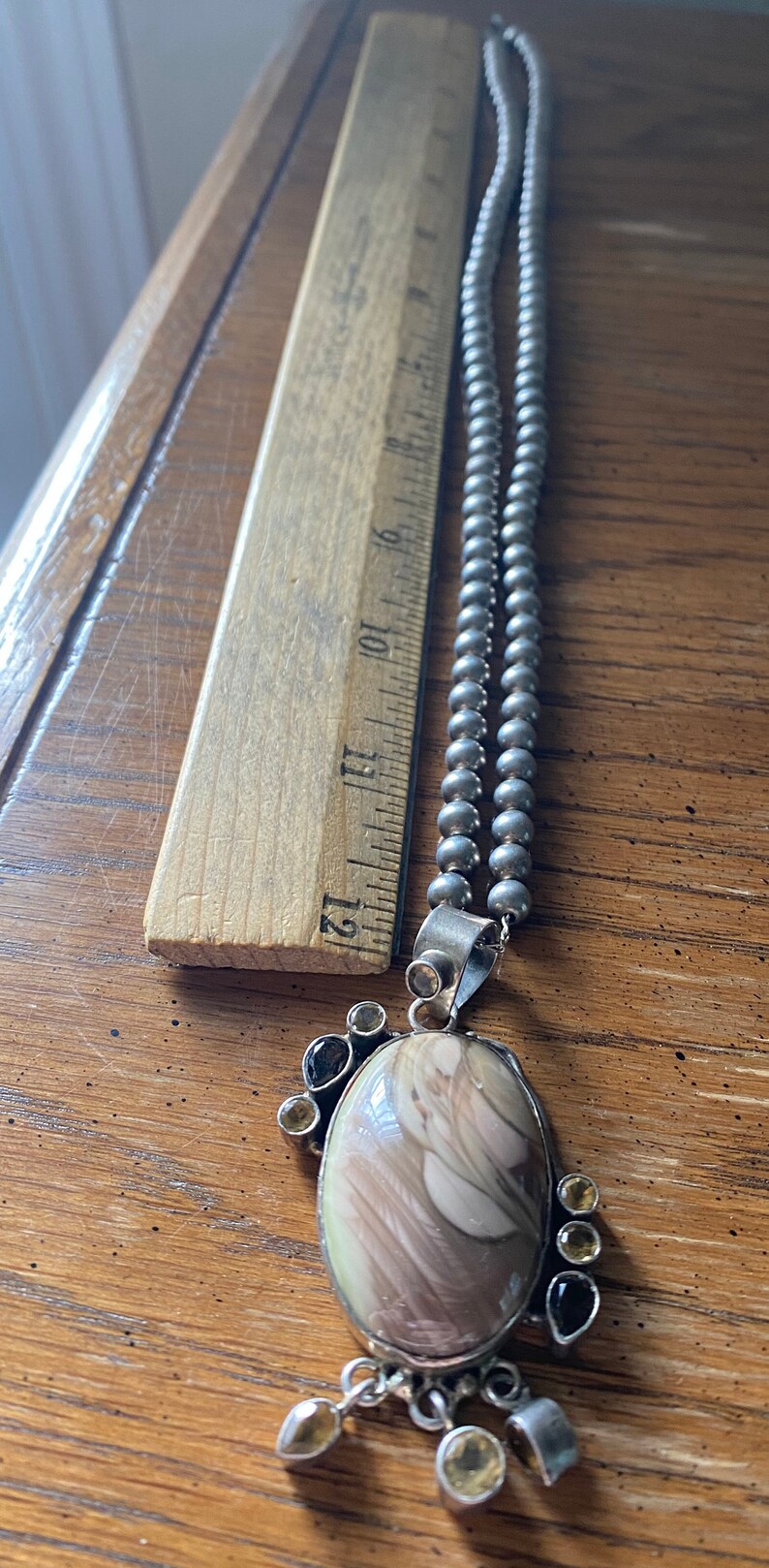 Topaz Citrine Picture Agate /& Sterling Silver Pendant on Sterling Silver Beads Smoky Quartz