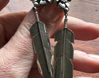 Long Navajo Sterling Silver Feather & Squash Blossom Dangles by Peterson Johnson, vintage