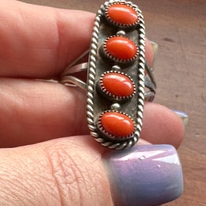 Vintage 4-stone Navajo Coral Sterling Silver Ring, Size 11.5