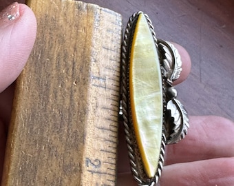 Long, vintage Mother of Pearl Silver Foliate Ring, size 7.5, Navajo