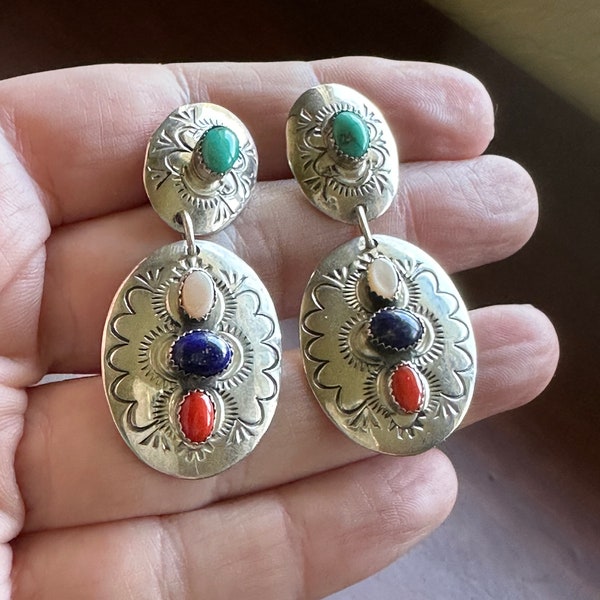 Multi-Stone Navajo Red Coral, Lapis, Turquoise & Mother of Pearl Sterling Silver Concho Dangle Earrings