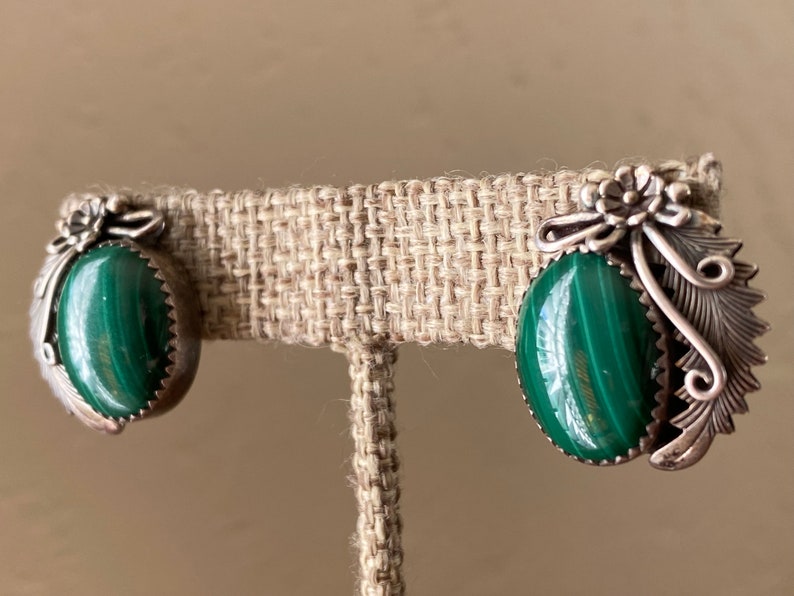 Navajo Peterson Johnson Malachite Squash Blossom Stud Earrings