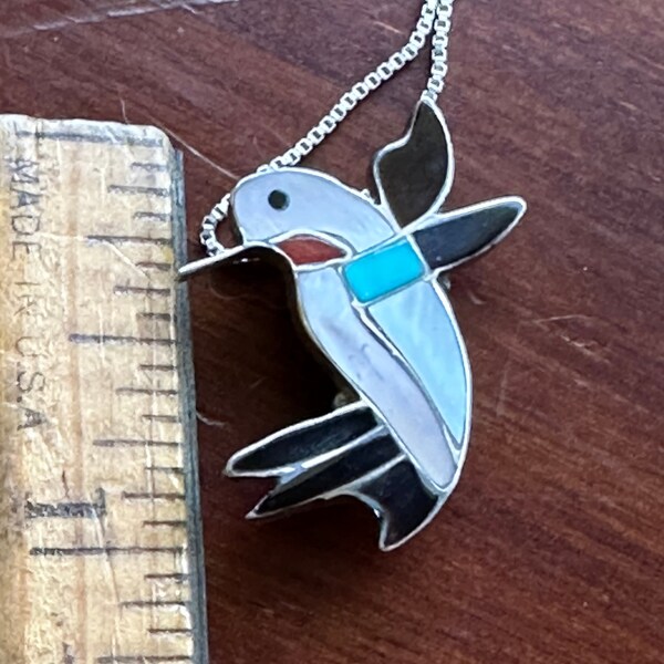 Vintage Zuni Hummingbird Pin/Pendant with Turquoise, Mother of Pearl, Coral & Jet inlay