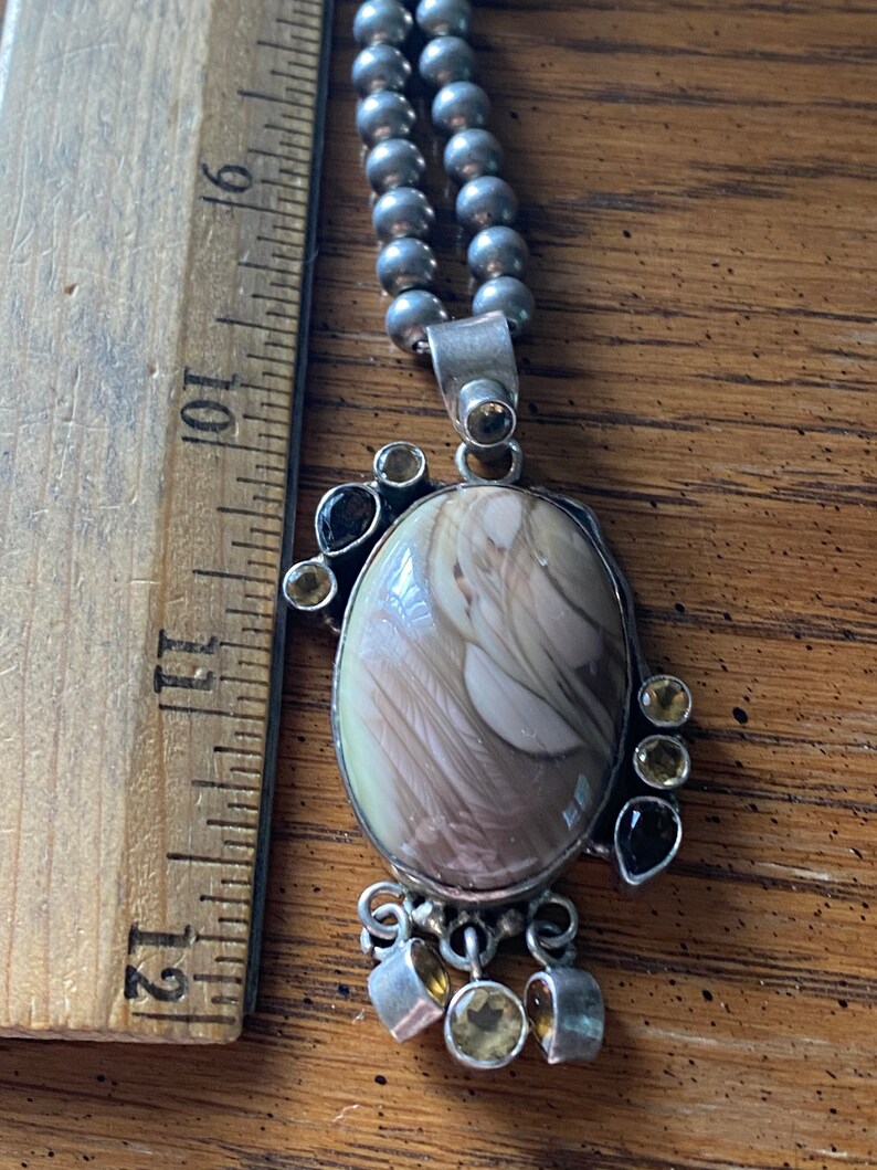 Topaz Citrine Picture Agate /& Sterling Silver Pendant on Sterling Silver Beads Smoky Quartz