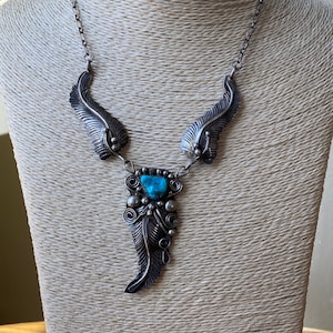 Vintage Navajo Sterling Silver and Turquoise Foliate Pendant Necklace