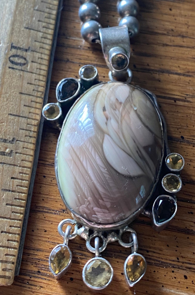 Topaz Citrine Picture Agate /& Sterling Silver Pendant on Sterling Silver Beads Smoky Quartz