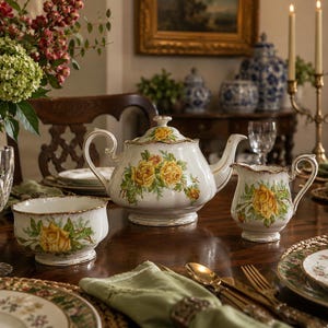 May include: A white porcelain tea set featuring a yellow rose floral pattern with gold-trimmed edges. The set includes a teapot with a lid, a creamer pitcher, and a sugar bowl, all decorated with matching yellow roses and green leaves.