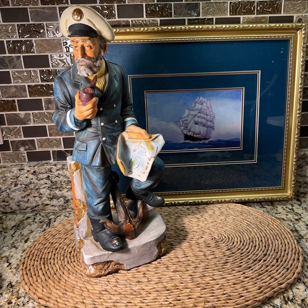 Vintage Sea Captain Statue ~ 15" Norleans Nautical Sea Captain Figurine Statue with Pipe Map and Anchor Japan Label Attached