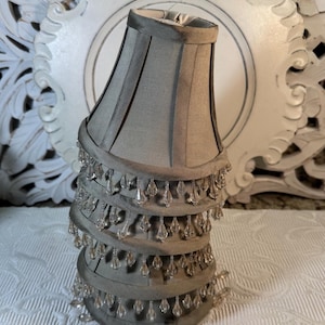 Pure Silk Mini Lamp Shades ~ Bell Shape Mini Lamp Shade with Beads ~ Gray Clip on Chandelier Shades