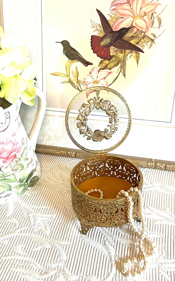 Vintage Jewelry Casket ~ Glass Gold Filigree Ormo… - image 3