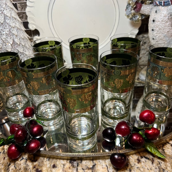 Vintage MCM Cera Golden Grapes Roman Arch Columns Glasses ~ MCM barware ~ Set of 4 Glass Highballs