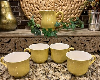 Vintage Yellow Coffee Cups and Matching Creamer Buttercup Federalist Ironstone Japan ~ Buttercup Yellow and White Coffee Mugs & Creamer