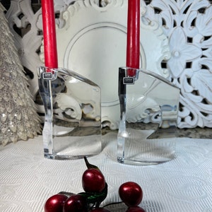 Nambe Slovenia Crystal Candleholders Set of 2 ~ Vintage Nambe Crystal Candlestick Holders Abstract MCM Mid Century