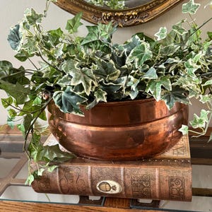 May include: A copper planter with variegated ivy plants sitting on top of an antique book with ornate designs.