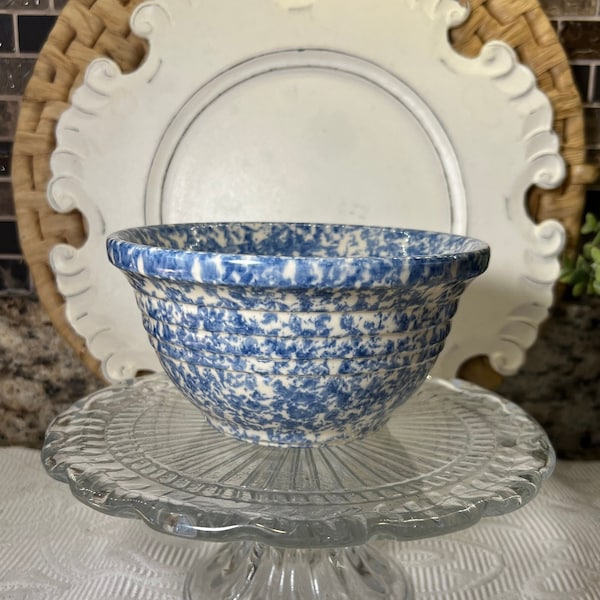 Vintage Gerald Henn Pottery Mixing Bowl ~ Roseville Ohio ~ Blue Spongeware Small Mixing Bowl ~ Gerald Henn The Workshops Blue Sponge Ware