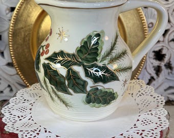 Hand-Painted Christmas Holly Pitcher Vase - Signed Pottery