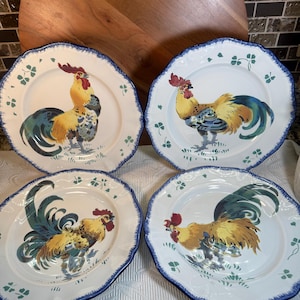 K G Luneville Rooster Design French Dinner Plate ~ French Country Rooster Plates Farmhouse Inspired Plates ~ Set of 4 ~ Centennial Plates