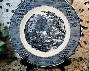 Vintage Currier and Ives The Old Grist Mill ~ Vintage Ironstone Currier and Ives Blue & White Dinner Plates ~ Set of 2 or 4 Dinner plates