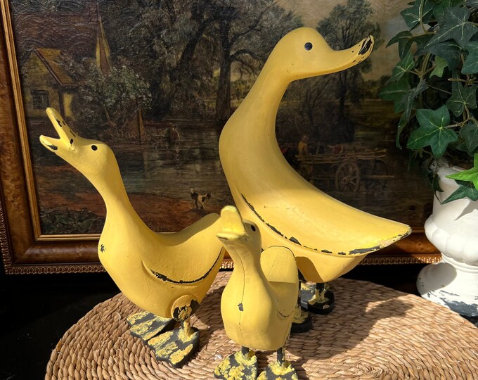 Set of 3 Hand Carved Wood Look Duck Statues Duck Sculptures Etsy