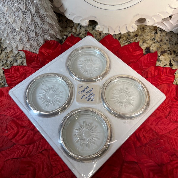 Vintage Crystal & Silver Coasters, Ashtrays ~ Leonard Crystal Coasters ~ Set of 4