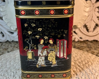 Vintage Asian Tea Tin ~ Black and Red Tea Biscuit Container ~