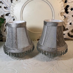 Shantung Silk Mini Lamp Shades ~ Bell Shape Mini Lamp Shade with Beads ~ Gray Clip on Chandelier Shades