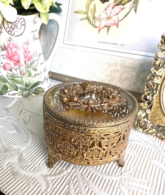 Vintage Jewelry Casket ~ Glass Gold Filigree Ormo… - image 2