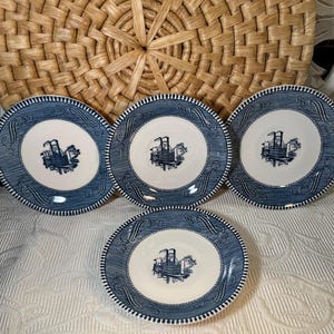 Vintage Currier & Ives Ironstone  Saucers &quot;Steamboat&quot; ~ Vintage Blue and White Transferware Dinnerware ~ Unmarked on back