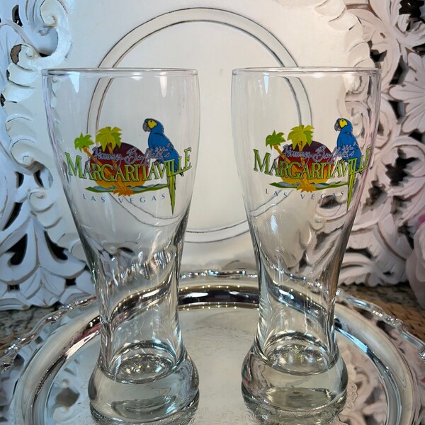 Set of 2 Jimmy Buffet Margaritaville Glasses ~ Beer Pilsners ~ Margaritaville Las Vegas Beer Glassware ~ Jimmy Buffett Macaw Parrot