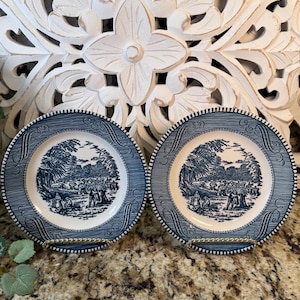 Vintage Currier & Ives Ironstone Bread/Dessert Plate &quot;The Harvest&quot; ~ Vintage Blue and White Transferware Dinnerware ~ Unmarked on back