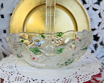 Mikasa Holiday Bloom Basket ~ Glass Bowl with Handle ~ Christmas Basket Decor