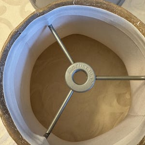 May include: Close-up of the inside of a lampshade with a metal frame and the text "Eurofase" printed on the frame.