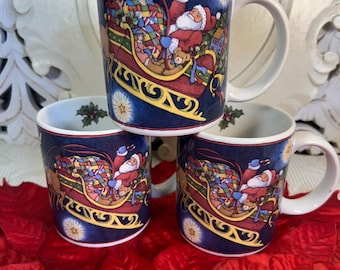 Set of 3 Susan Winget Vintage 1998 Santa Stoneware Coffee Mugs ~ Holiday Mugs ~ Christmas Mugs ~ Santa Claus Mugs ~ Over the Housetops