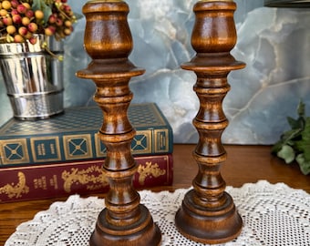 Vintage Wooden Candleholders with Wood Napkin Rings ~ Vintage Mid Century Modern Pair of Vintage Candlesticks with 8 Matching Napkin Rings
