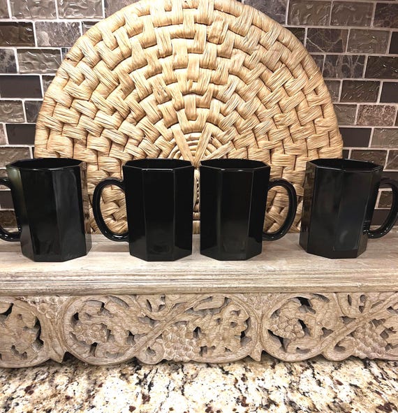 Vintage Arcoroc Octime Black Coffee Mugs ~ Made in France ~ Vintage Black Octagonal Arcopal Octime Pattern France ~ Set of 4 Coffee Cups