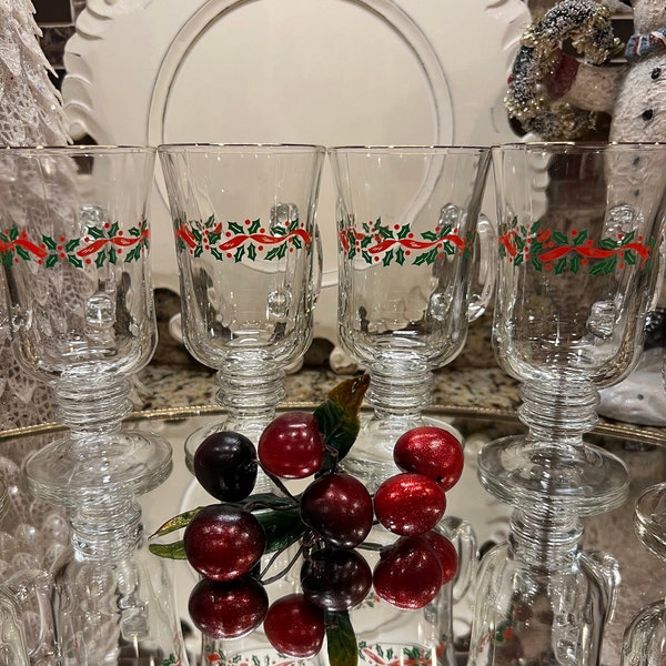 Vintage Libby Christmas Holly Berry Pedestal Mugs ~ Set of 4 ~ Christmas Holiday Winter Irish Coffee Mugs